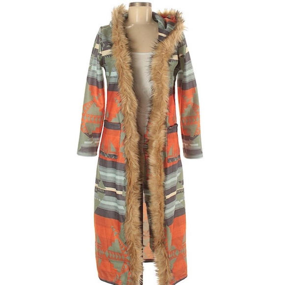 Aztec Duster Sweater Jacket Faux Fur 